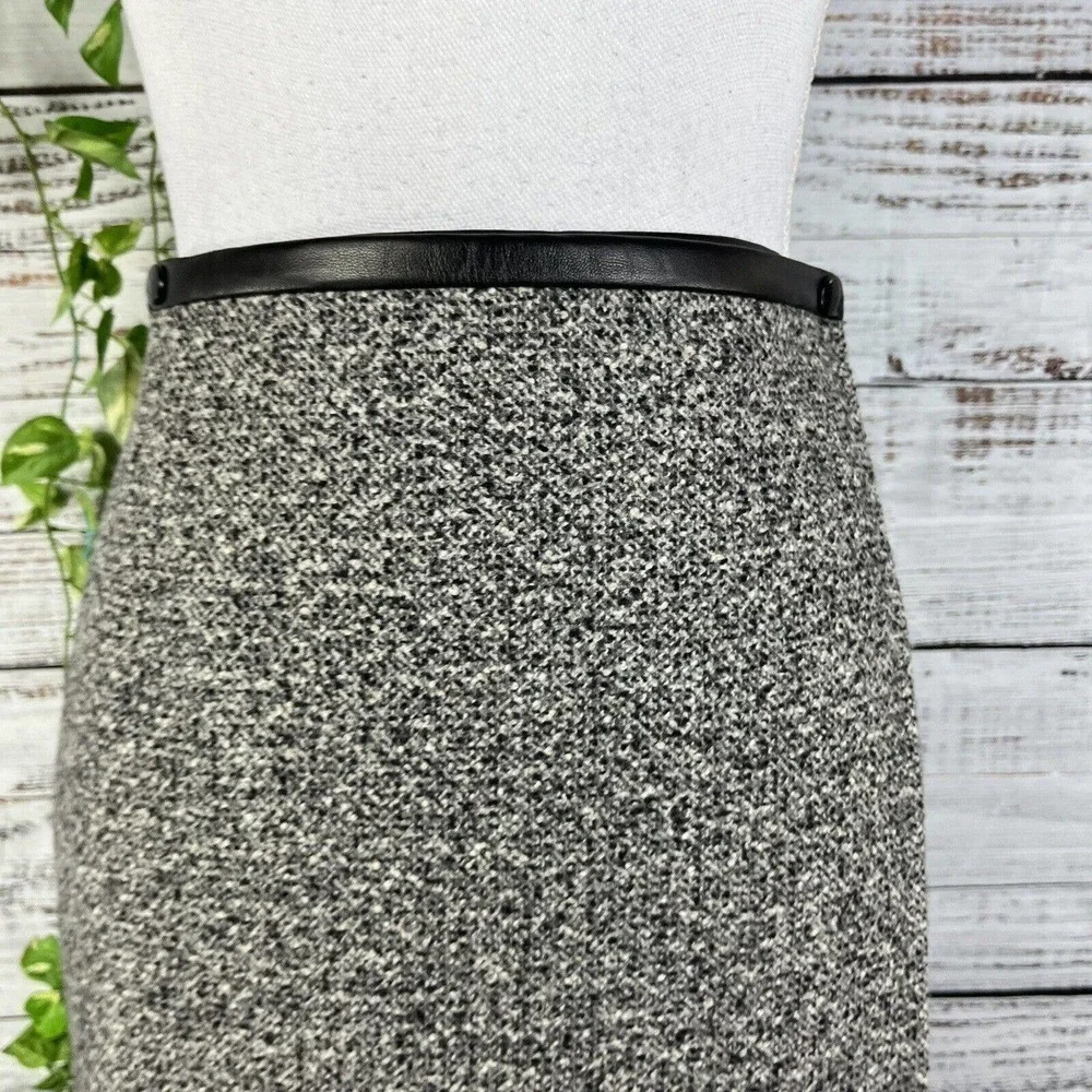 Worth Skirt size 4 Black Gray Wool Tweed Wrap Knee Faux Leather Career Modest